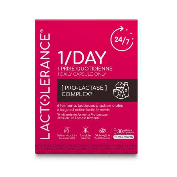 LACTOLERANCE 1/DAY, complément alimentaire permettant de digérer le lactose à raison d'une seule gélule chaque jour.