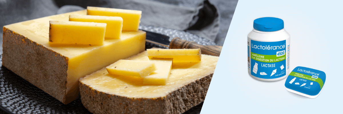 Suplementos Lactolérance 4500 junto a trozos de queso Comté