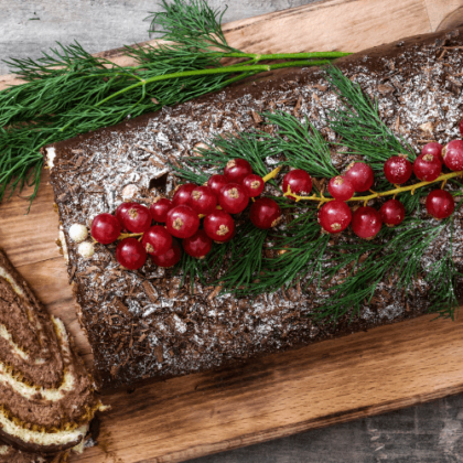 Lactose-free chocolate and red fruit Yule log