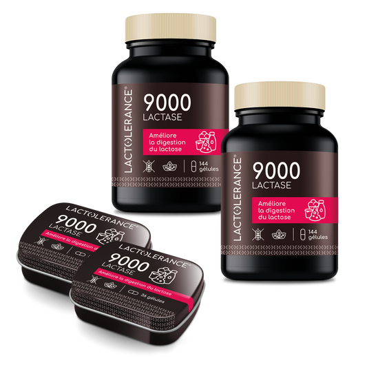 Pack économique LACTOLERANCE 9000 - 2 flacons et 2 piluliers, soit 360 gélules de lactase 9 000 FCC
