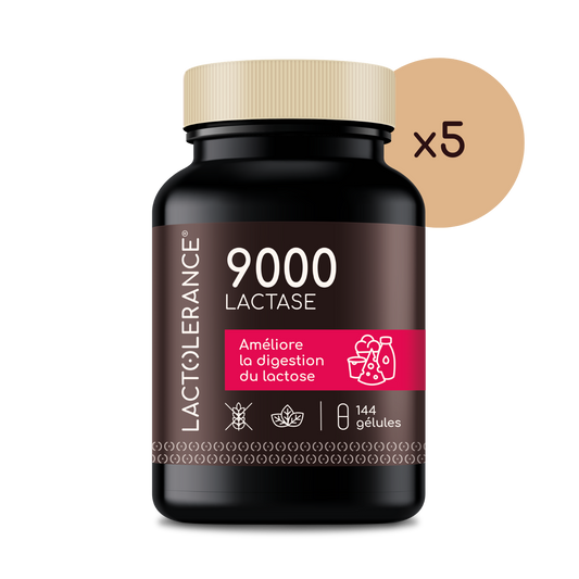 Pack économique de 5 flacons de LACTOLERANCE 9000 - 720 gélules de lactase 9 000 FCC