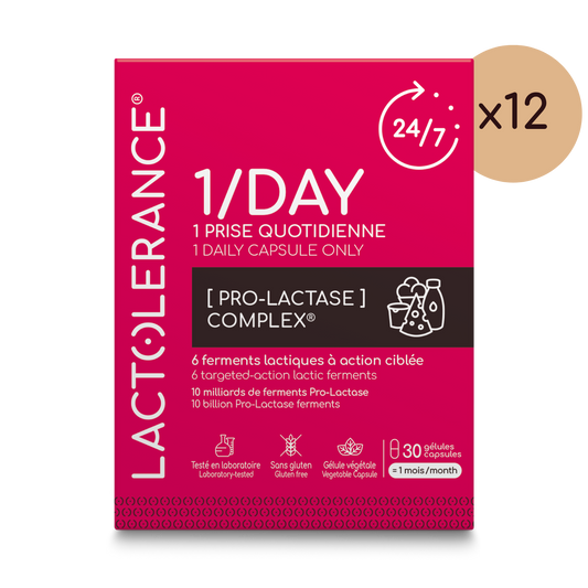 LACTOLERANCE 1/DAY - Probiotiques précurseurs de lactase - 1 gélule chaque jour - Protection 24h/7 -Pack de 12 mois - 360 gélules