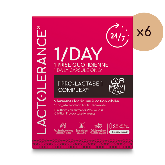 LACTOLERANCE 1/DAY - Probiotiques précurseurs de lactase - 1 gélule chaque jour - Protection 24h/7 -Pack de 6 mois - 180 gélules
