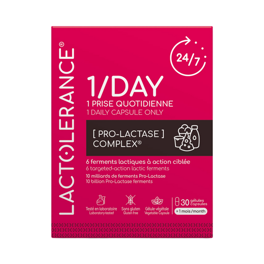 LACTOLERANCE 1/DAY - Probiotiques précurseurs de lactase - 1 gélule chaque jour - Protection 24h/7 - 1 boite de 30 gélules